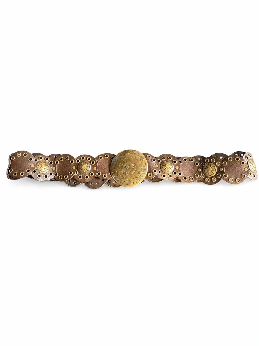 Brown Faux Leather Concho Disc Belt Brass Western Boho Statement
